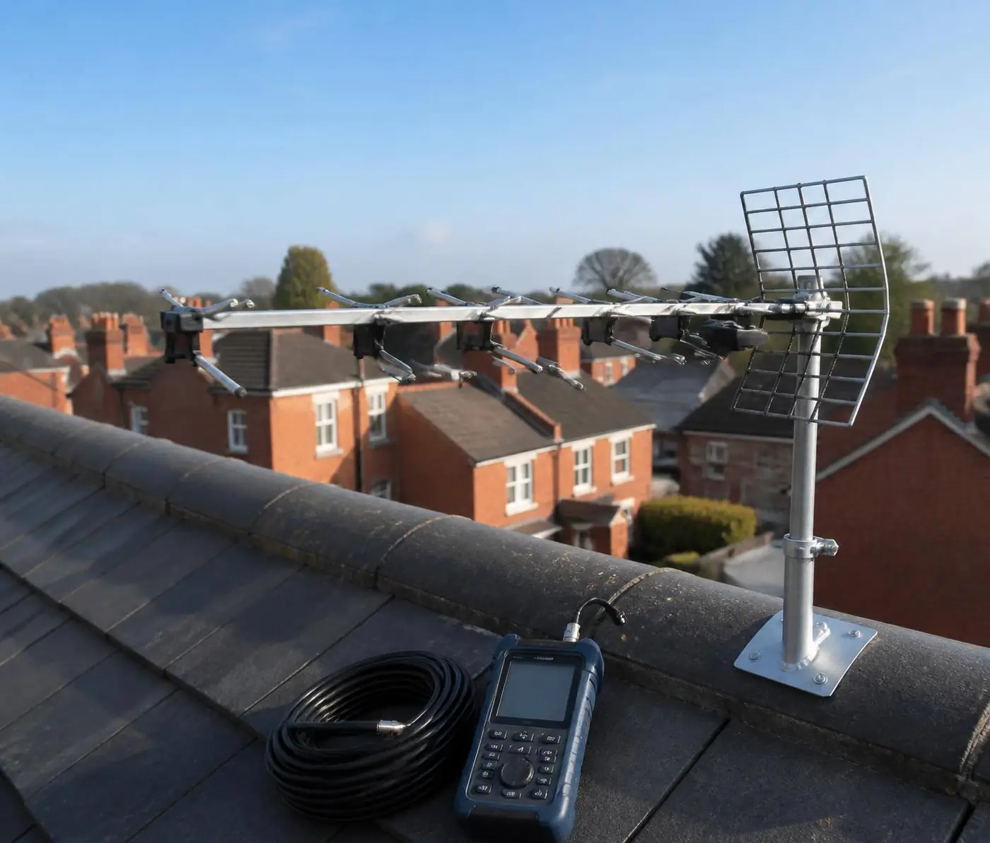 Digital TV aerial, signal meter and coaxial cable on a Reading rooftop