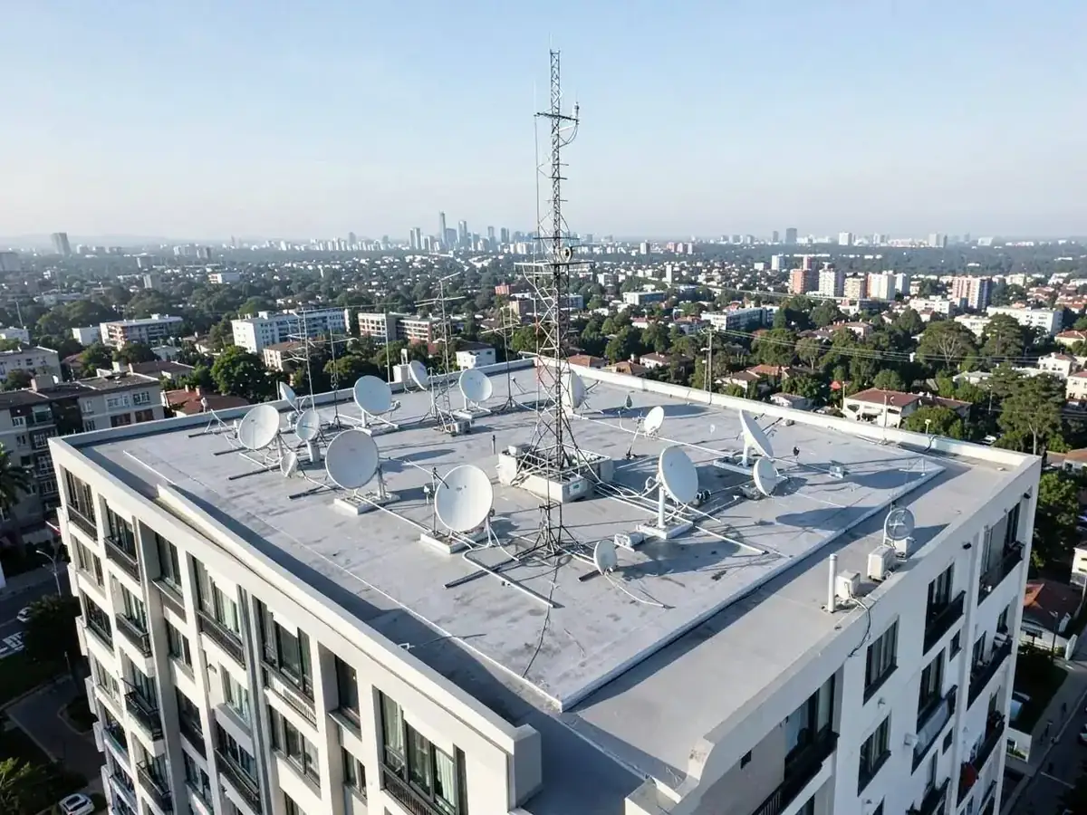 Engineer working on communal aerial distribution equipment in a Berkshire apartment block