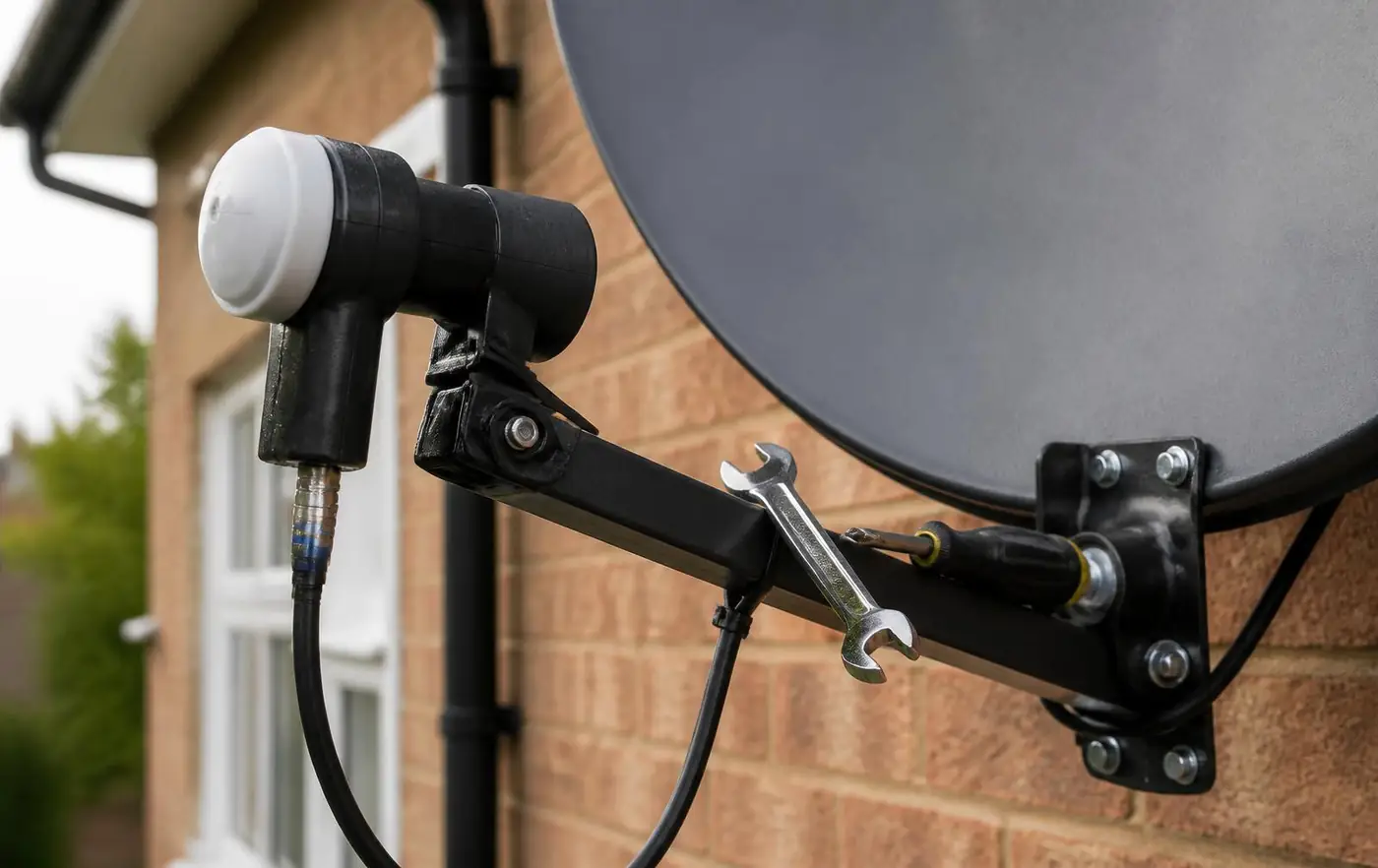 Engineer repairing a satellite dish bracket on a Berkshire rooftop